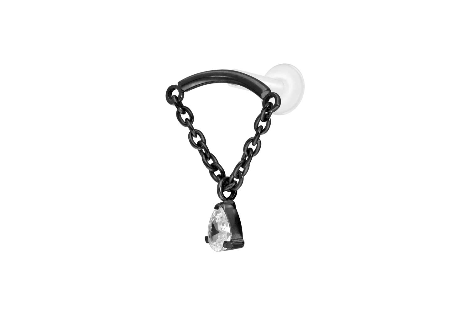 PTFE Labret Piercing mit Innengewinde + Titan-Aufsatz BOGEN + KETTE + KRISTALLTROPFEN